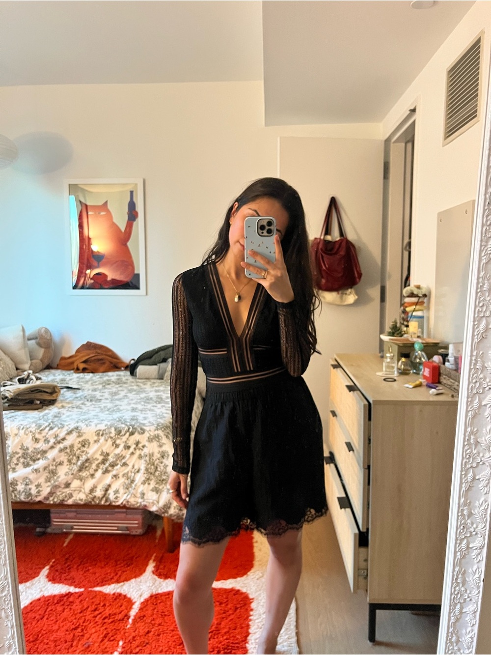 Lulu's Black Lace V-Neck Long Sleeve Mini Dress